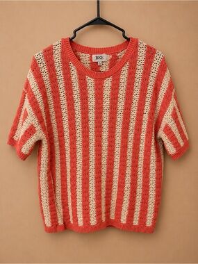 BKE Coral and Cream Striped Open-Knit Tee